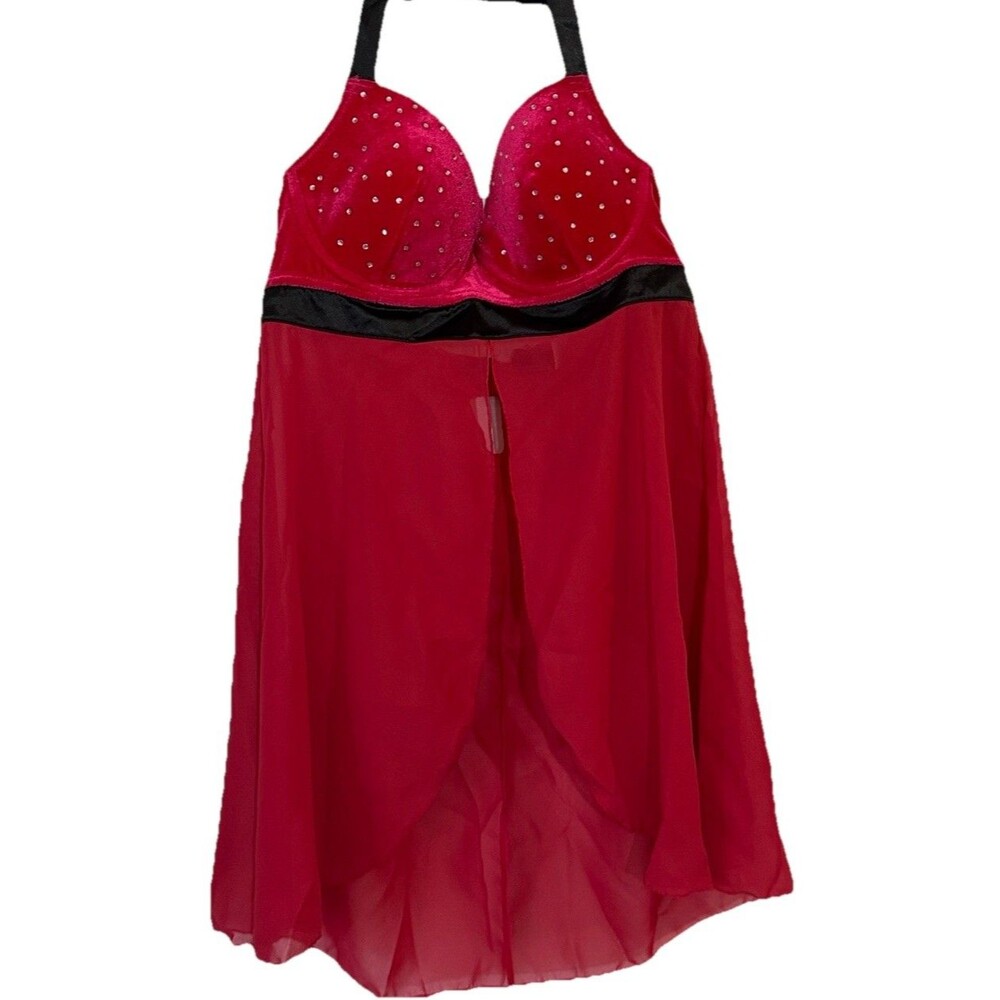 Fredericks Of Hollywood Red Babydoll Chemise Lingerie Top Velour Bling Size M